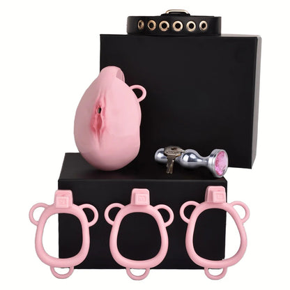Plastic Vagina Design Chastity Cage with Butt Plug