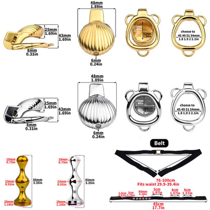 Metal Sea Shell Design Chastity Cage with Butt Plug